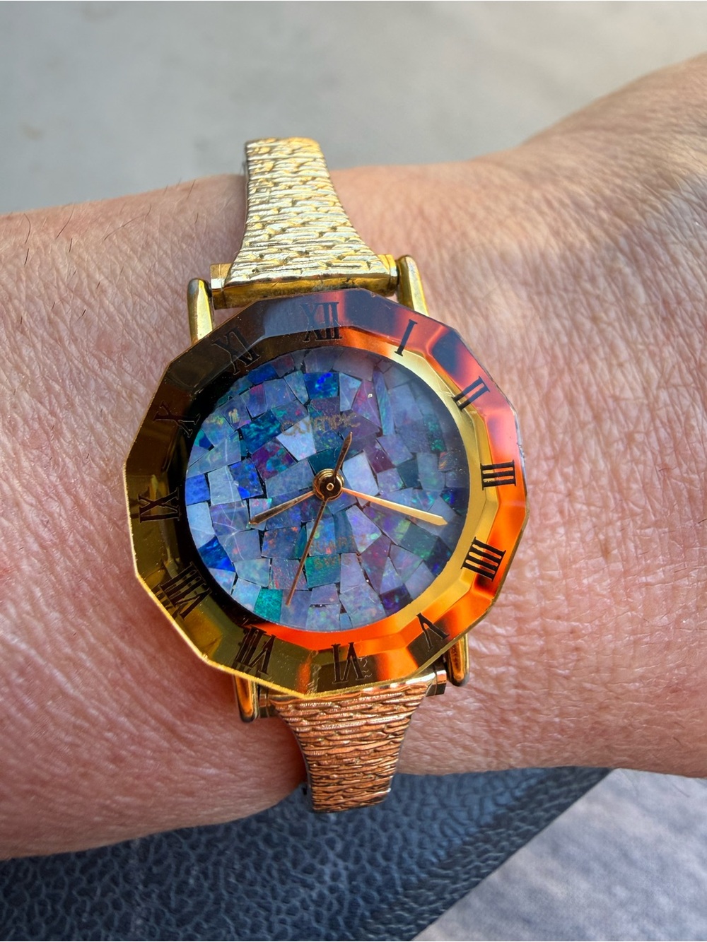 Vintage 18K Gold Plated Australian Opal Dial Olympic Watch Swiss Movement